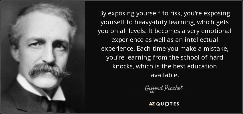 By exposing yourself to risk, you're exposing yourself to heavy-duty learning, which gets you on all levels. It becomes a very emotional experience as well as an intellectual experience. Each time you make a mistake, you're learning from the school of hard knocks, which is the best education available. - Gifford Pinchot
