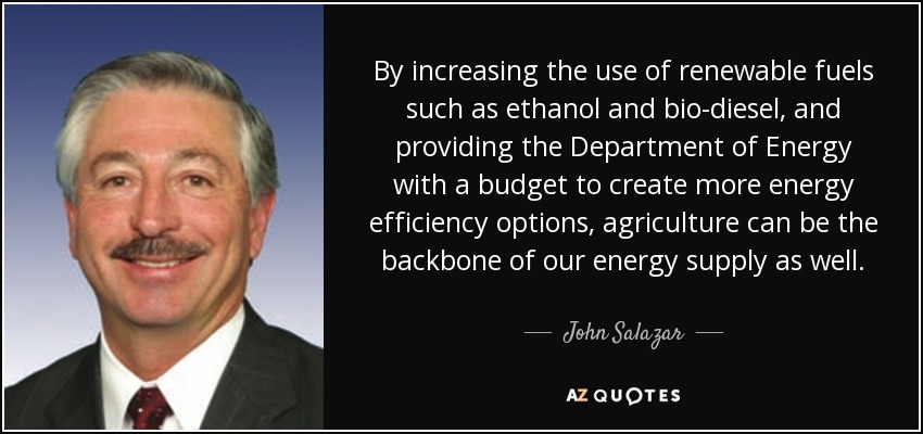 By increasing the use of renewable fuels such as ethanol and bio-diesel, and providing the Department of Energy with a budget to create more energy efficiency options, agriculture can be the backbone of our energy supply as well. - John Salazar