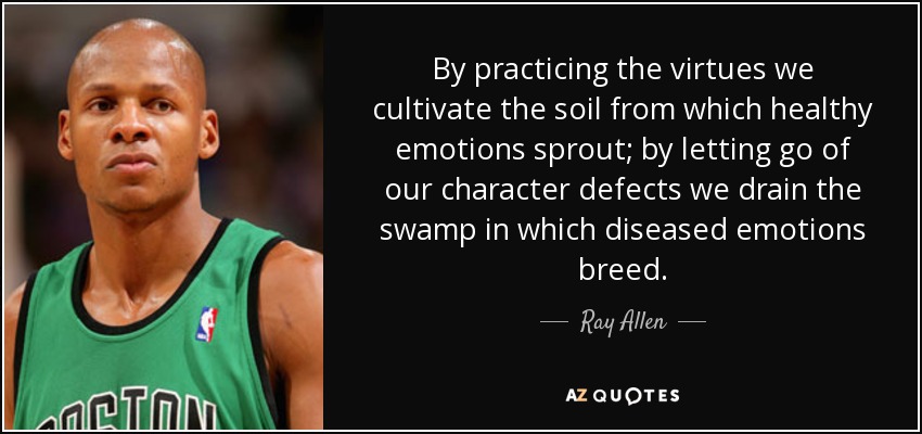 By practicing the virtues we cultivate the soil from which healthy emotions sprout; by letting go of our character defects we drain the swamp in which diseased emotions breed. - Ray Allen