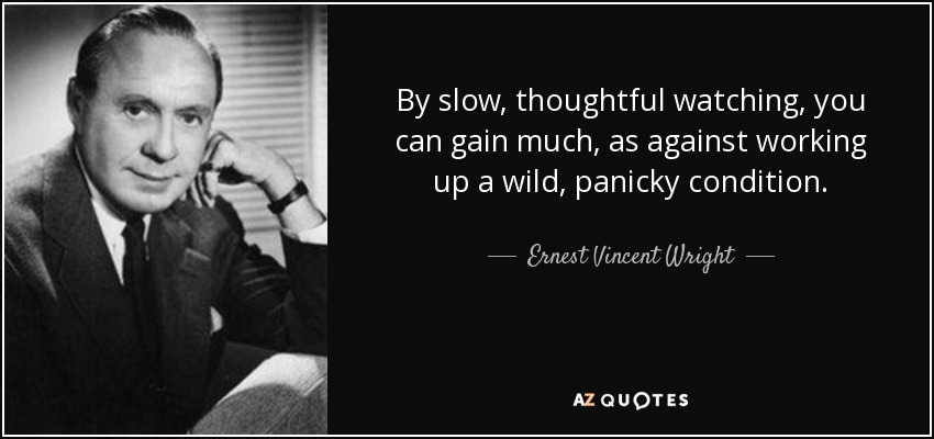 By slow, thoughtful watching, you can gain much, as against working up a wild, panicky condition. - Ernest Vincent Wright