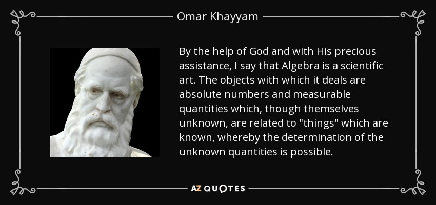 By the help of God and with His precious assistance, I say that Algebra is a scientific art. The objects with which it deals are absolute numbers and measurable quantities which, though themselves unknown, are related to 