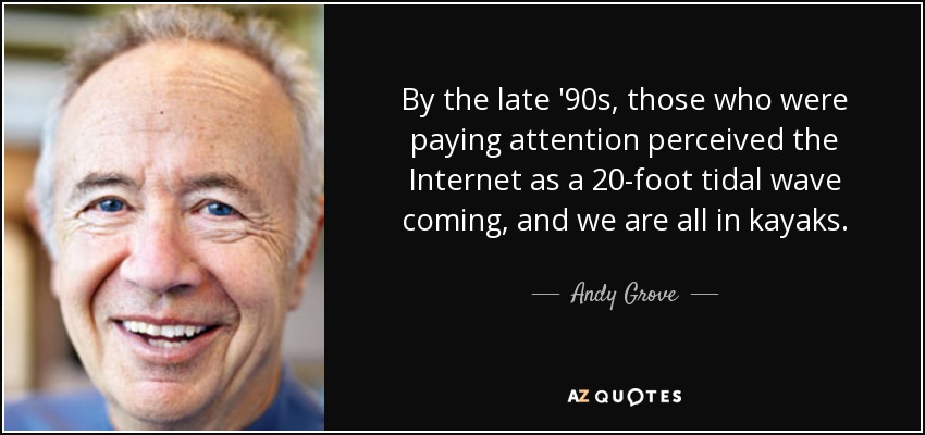 By the late '90s, those who were paying attention perceived the Internet as a 20-foot tidal wave coming, and we are all in kayaks. - Andy Grove