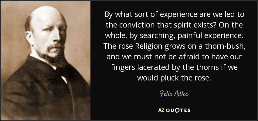 By what sort of experience are we led to the conviction that spirit exists? On the whole, by searching, painful experience. The rose Religion grows on a thorn-bush, and we must not be afraid to have our fingers lacerated by the thorns if we would pluck the rose. - Felix Adler
