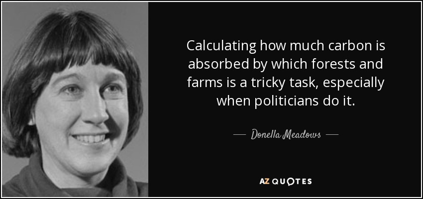 Calculating how much carbon is absorbed by which forests and farms is a tricky task, especially when politicians do it. - Donella Meadows