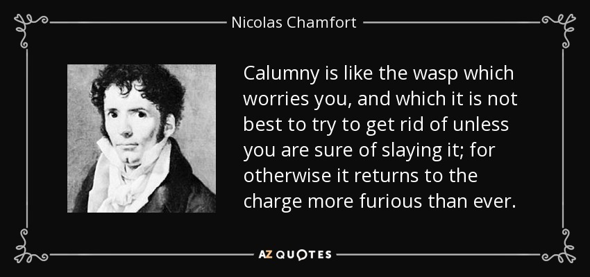 Calumny is like the wasp which worries you, and which it is not best to try to get rid of unless you are sure of slaying it; for otherwise it returns to the charge more furious than ever. - Nicolas Chamfort