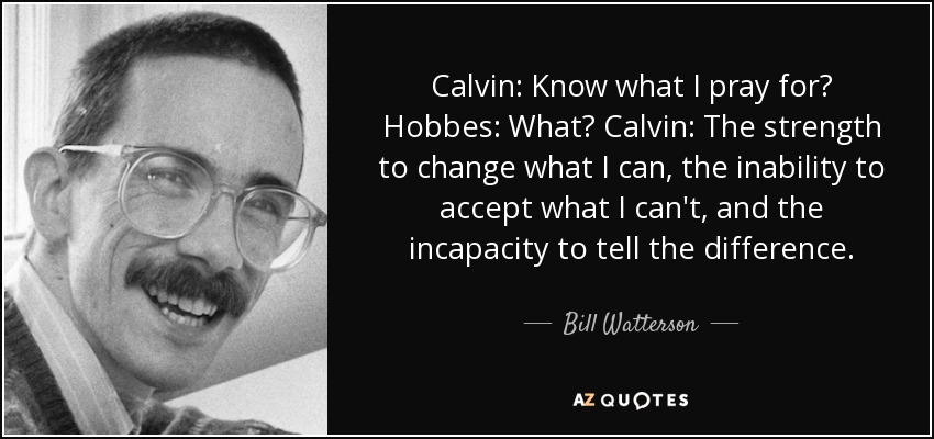 Calvin: Know what I pray for? Hobbes: What? Calvin: The strength to change what I can, the inability to accept what I can't, and the incapacity to tell the difference. - Bill Watterson