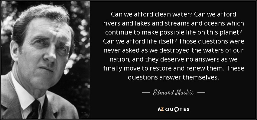 Can we afford clean water? Can we afford rivers and lakes and streams and oceans which continue to make possible life on this planet? Can we afford life itself? Those questions were never asked as we destroyed the waters of our nation, and they deserve no answers as we finally move to restore and renew them. These questions answer themselves. - Edmund Muskie