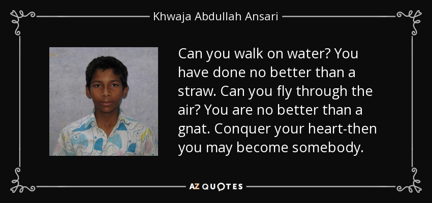 Can you walk on water? You have done no better than a straw. Can you fly through the air? You are no better than a gnat. Conquer your heart-then you may become somebody. - Khwaja Abdullah Ansari