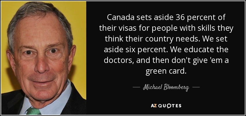 Canada sets aside 36 percent of their visas for people with skills they think their country needs. We set aside six percent. We educate the doctors, and then don't give 'em a green card. - Michael Bloomberg