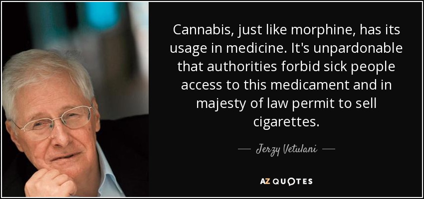 Cannabis, just like morphine, has its usage in medicine. It's unpardonable that authorities forbid sick people access to this medicament and in majesty of law permit to sell cigarettes. - Jerzy Vetulani
