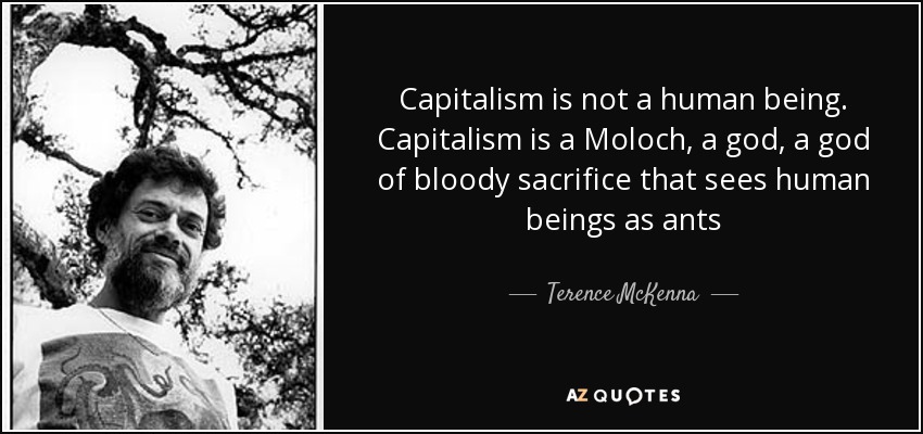 Capitalism is not a human being. Capitalism is a Moloch, a god, a god of bloody sacrifice that sees human beings as ants - Terence McKenna