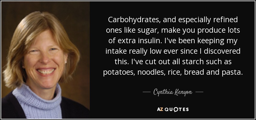 Carbohydrates, and especially refined ones like sugar, make you produce lots of extra insulin. I've been keeping my intake really low ever since I discovered this. I've cut out all starch such as potatoes, noodles, rice, bread and pasta. - Cynthia Kenyon