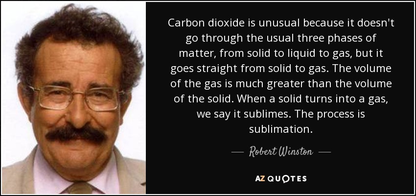 Carbon dioxide is unusual because it doesn't go through the usual three phases of matter, from solid to liquid to gas, but it goes straight from solid to gas. The volume of the gas is much greater than the volume of the solid. When a solid turns into a gas, we say it sublimes. The process is sublimation. - Robert Winston