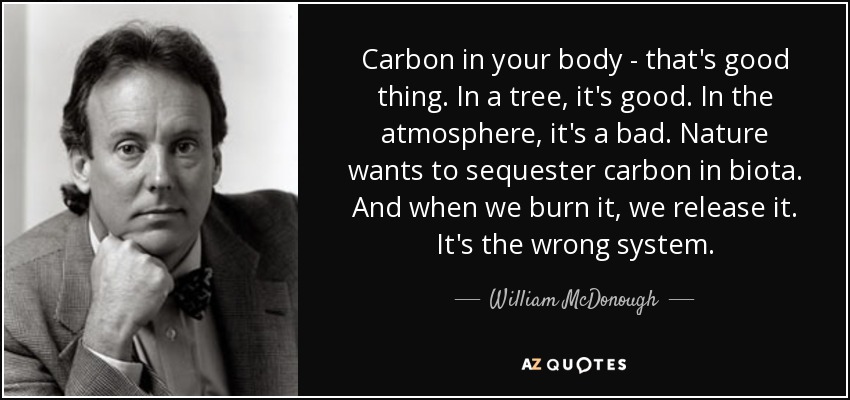 Carbon in your body - that's good thing. In a tree, it's good. In the atmosphere, it's a bad. Nature wants to sequester carbon in biota. And when we burn it, we release it. It's the wrong system. - William McDonough