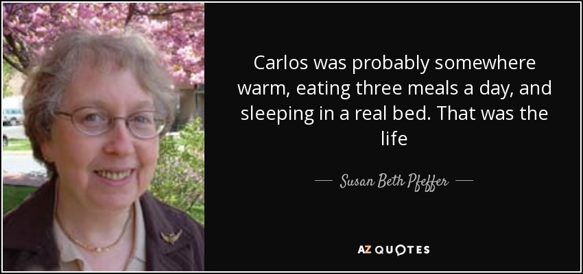 Carlos was probably somewhere warm, eating three meals a day, and sleeping in a real bed. That was the life - Susan Beth Pfeffer