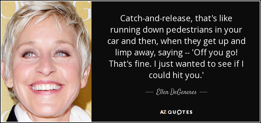Catch-and-release, that's like running down pedestrians in your car and then, when they get up and limp away, saying -- 'Off you go! That's fine. I just wanted to see if I could hit you.' - Ellen DeGeneres