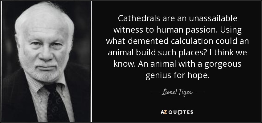 Cathedrals are an unassailable witness to human passion. Using what demented calculation could an animal build such places? I think we know. An animal with a gorgeous genius for hope. - Lionel Tiger