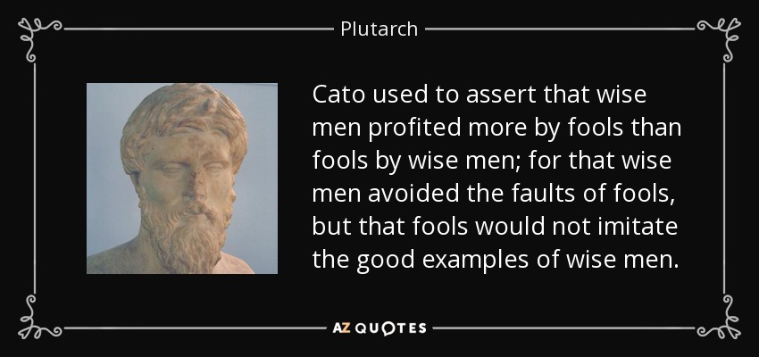 Cato used to assert that wise men profited more by fools than fools by wise men; for that wise men avoided the faults of fools, but that fools would not imitate the good examples of wise men. - Plutarch