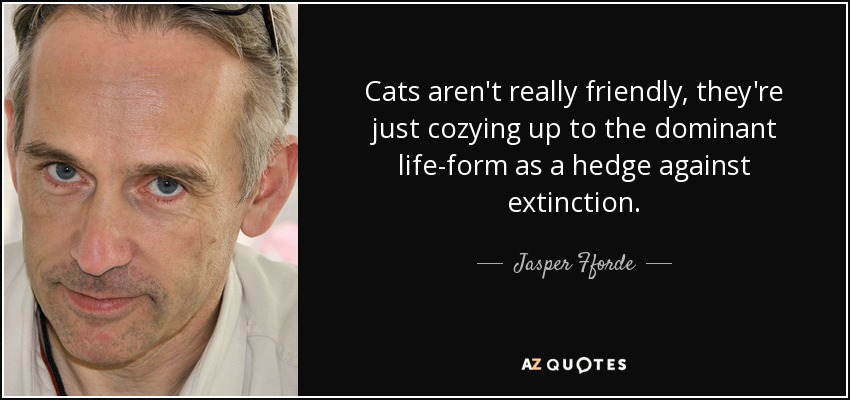 Cats aren't really friendly, they're just cozying up to the dominant life-form as a hedge against extinction. - Jasper Fforde
