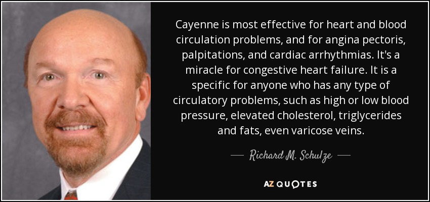 Cayenne is most effective for heart and blood circulation problems, and for angina pectoris, palpitations, and cardiac arrhythmias. It's a miracle for congestive heart failure. It is a specific for anyone who has any type of circulatory problems, such as high or low blood pressure, elevated cholesterol, triglycerides and fats, even varicose veins. - Richard M. Schulze