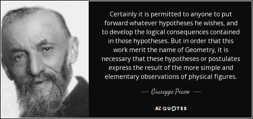 Certainly it is permitted to anyone to put forward whatever hypotheses he wishes, and to develop the logical consequences contained in those hypotheses. But in order that this work merit the name of Geometry, it is necessary that these hypotheses or postulates express the result of the more simple and elementary observations of physical figures. - Giuseppe Peano