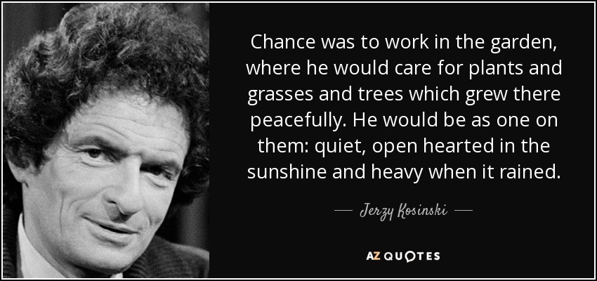 Chance was to work in the garden, where he would care for plants and grasses and trees which grew there peacefully. He would be as one on them: quiet, open hearted in the sunshine and heavy when it rained. - Jerzy Kosinski