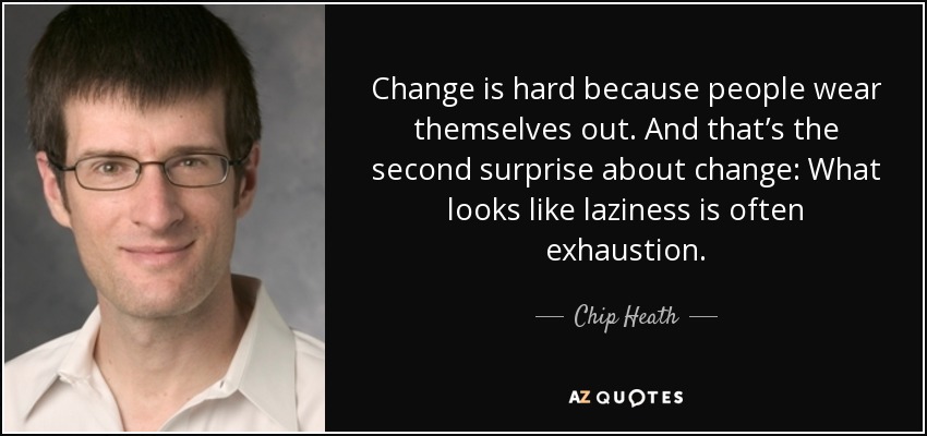 Change is hard because people wear themselves out. And that’s the second surprise about change: What looks like laziness is often exhaustion. - Chip Heath