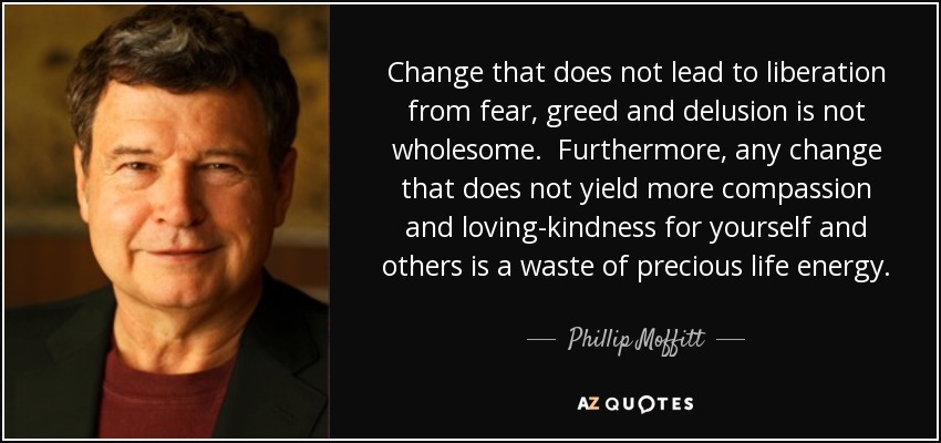 Change that does not lead to liberation from fear, greed and delusion is not wholesome. Furthermore, any change that does not yield more compassion and loving-kindness for yourself and others is a waste of precious life energy. - Phillip Moffitt