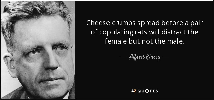 Cheese crumbs spread before a pair of copulating rats will distract the female but not the male. - Alfred Kinsey