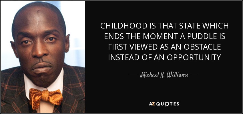 CHILDHOOD IS THAT STATE WHICH ENDS THE MOMENT A PUDDLE IS FIRST VIEWED AS AN OBSTACLE INSTEAD OF AN OPPORTUNITY - Michael K. Williams