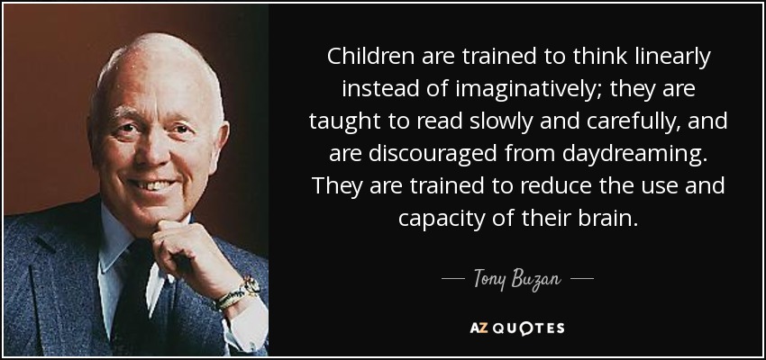 Children are trained to think linearly instead of imaginatively; they are taught to read slowly and carefully, and are discouraged from daydreaming. They are trained to reduce the use and capacity of their brain. - Tony Buzan