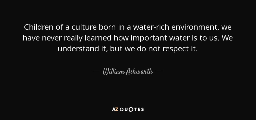 Children of a culture born in a water-rich environment, we have never really learned how important water is to us. We understand it, but we do not respect it. - William Ashworth
