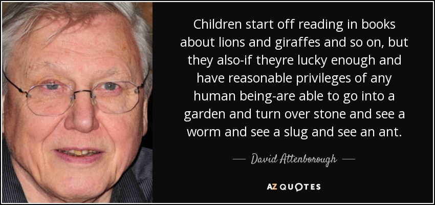 Children start off reading in books about lions and giraffes and so on, but they also-if theyre lucky enough and have reasonable privileges of any human being-are able to go into a garden and turn over stone and see a worm and see a slug and see an ant. - David Attenborough