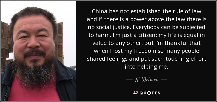 China has not established the rule of law and if there is a power above the law there is no social justice. Everybody can be subjected to harm. I'm just a citizen: my life is equal in value to any other. But I'm thankful that when I lost my freedom so many people shared feelings and put such touching effort into helping me. - Ai Weiwei