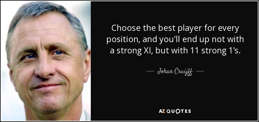 Choose the best player for every position, and you'll end up not with a strong XI, but with 11 strong 1's. - Johan Cruijff