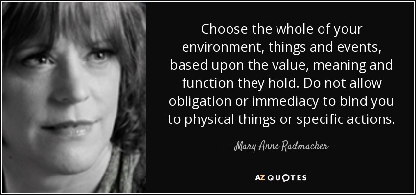 Choose the whole of your environment, things and events, based upon the value, meaning and function they hold. Do not allow obligation or immediacy to bind you to physical things or specific actions. - Mary Anne Radmacher