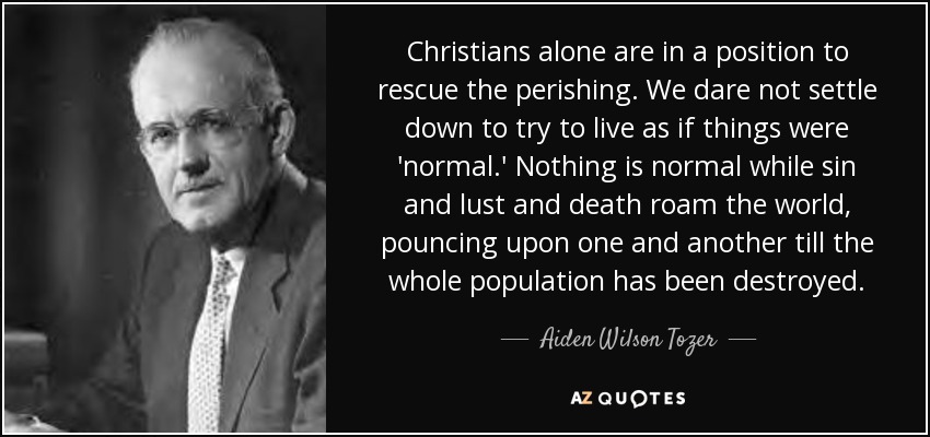 Christians alone are in a position to rescue the perishing. We dare not settle down to try to live as if things were 'normal.' Nothing is normal while sin and lust and death roam the world, pouncing upon one and another till the whole population has been destroyed. - Aiden Wilson Tozer