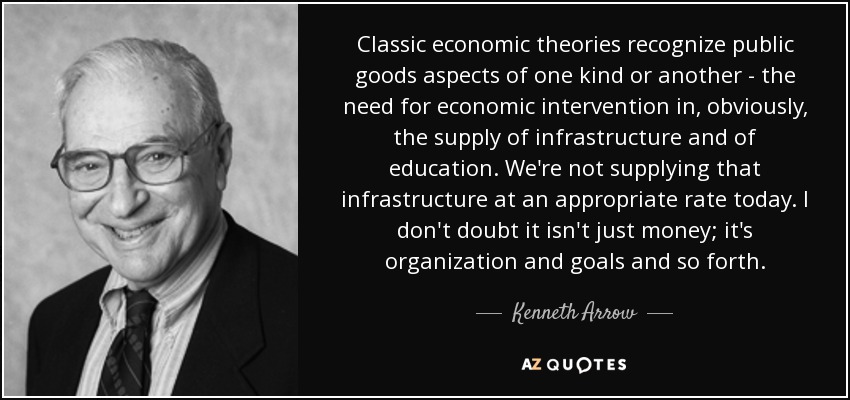 Classic economic theories recognize public goods aspects of one kind or another - the need for economic intervention in, obviously, the supply of infrastructure and of education. We're not supplying that infrastructure at an appropriate rate today. I don't doubt it isn't just money; it's organization and goals and so forth. - Kenneth Arrow