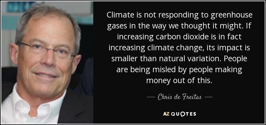 Climate is not responding to greenhouse gases in the way we thought it might. If increasing carbon dioxide is in fact increasing climate change, its impact is smaller than natural variation. People are being misled by people making money out of this. - Chris de Freitas