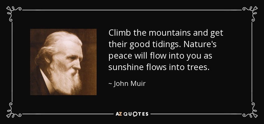 Climb the mountains and get their good tidings. Nature's peace will flow into you as sunshine flows into trees. - John Muir
