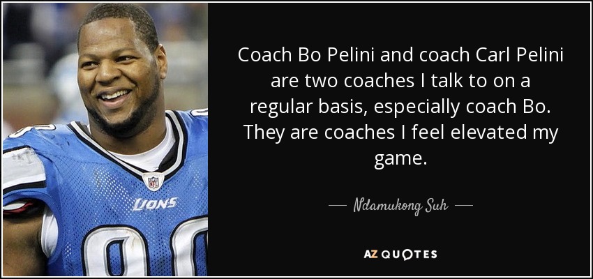 Coach Bo Pelini and coach Carl Pelini are two coaches I talk to on a regular basis, especially coach Bo. They are coaches I feel elevated my game. - Ndamukong Suh