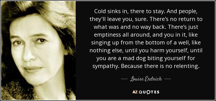 Cold sinks in, there to stay. And people, they'll leave you, sure. There's no return to what was and no way back. There's just emptiness all around, and you in it, like singing up from the bottom of a well, like nothing else, until you harm yourself, until you are a mad dog biting yourself for sympathy. Because there is no relenting. - Louise Erdrich