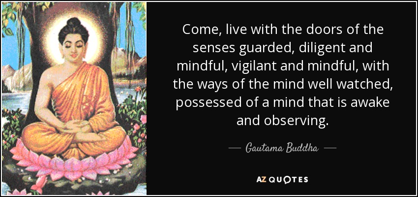Come, live with the doors of the senses guarded, diligent and mindful, vigilant and mindful, with the ways of the mind well watched, possessed of a mind that is awake and observing. - Gautama Buddha