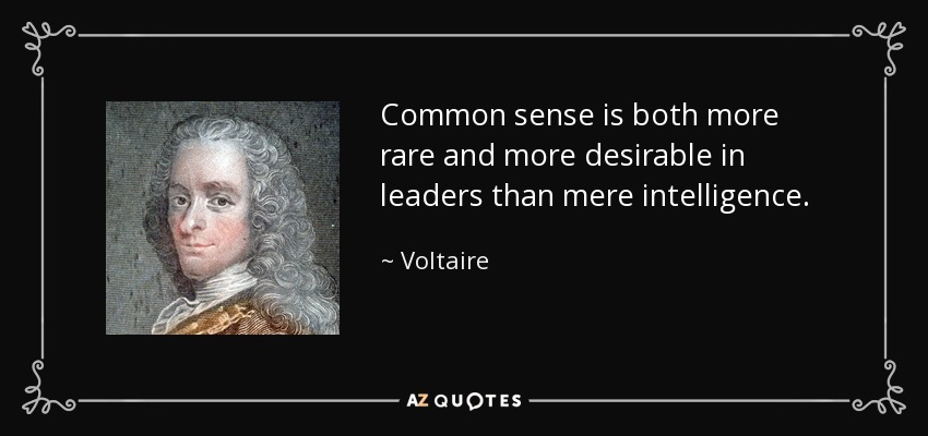 Common sense is both more rare and more desirable in leaders than mere intelligence. - Voltaire