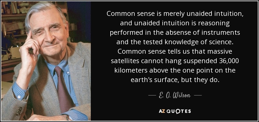 Common sense is merely unaided intuition, and unaided intuition is reasoning performed in the absense of instruments and the tested knowledge of science. Common sense tells us that massive satellites cannot hang suspended 36,000 kilometers above the one point on the earth's surface, but they do. - E. O. Wilson