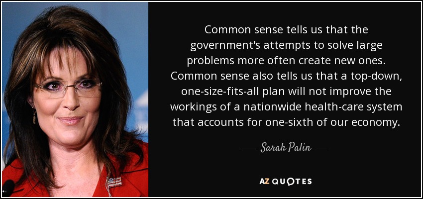 Common sense tells us that the government's attempts to solve large problems more often create new ones. Common sense also tells us that a top-down, one-size-fits-all plan will not improve the workings of a nationwide health-care system that accounts for one-sixth of our economy. - Sarah Palin
