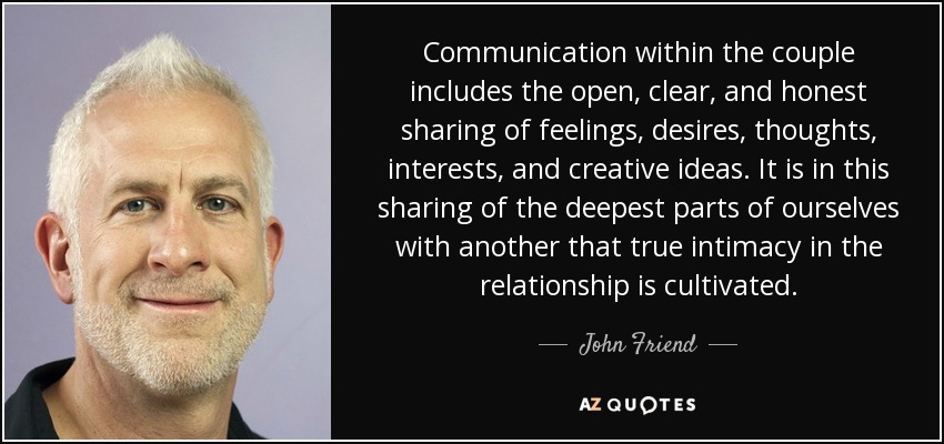 Communication within the couple includes the open, clear, and honest sharing of feelings, desires, thoughts, interests, and creative ideas. It is in this sharing of the deepest parts of ourselves with another that true intimacy in the relationship is cultivated. - John Friend