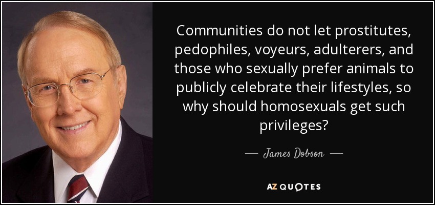 Communities do not let prostitutes, pedophiles, voyeurs, adulterers, and those who sexually prefer animals to publicly celebrate their lifestyles, so why should homosexuals get such privileges? - James Dobson