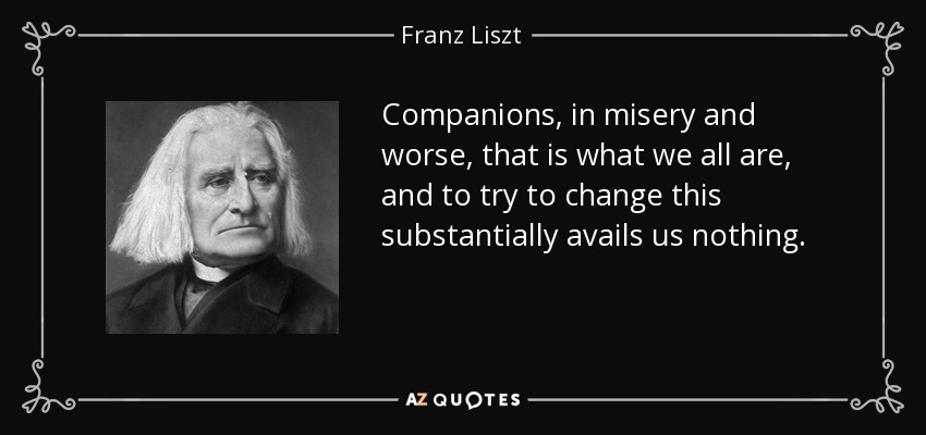 Companions, in misery and worse, that is what we all are, and to try to change this substantially avails us nothing. - Franz Liszt