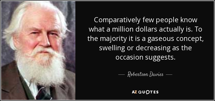 Comparatively few people know what a million dollars actually is. To the majority it is a gaseous concept, swelling or decreasing as the occasion suggests. - Robertson Davies